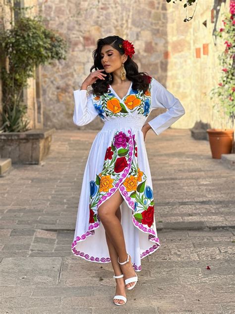 mexican asymmetrical dress size s xl floral embroidered etsy