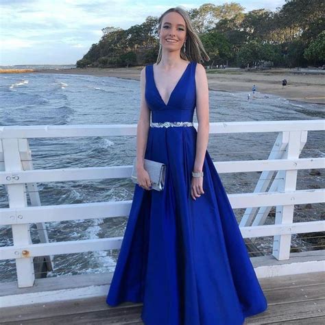 Elegant A Line V Neck Royal Blue Satin Long Prom Dresses · Dressmeet