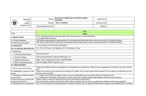 Dll Technical Drafting Exploratory Grades To Daily Lesson Log