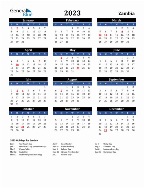 2023 Zambia Calendar With Holidays