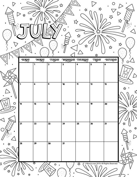 July 2019 Coloring Calendar Woo Jr Kids Activities Coloring