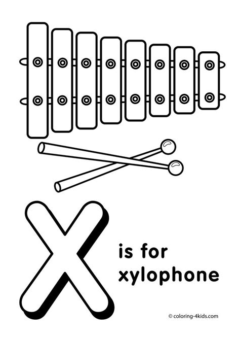 An X Is For Xylphone Coloring Page With The Letter X In Black And White