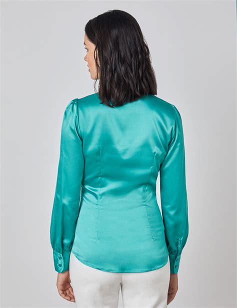 Plain Satin Womens Fitted Blouse With Single Cuff And Pussy Bow In Jade Hawes And Curtis