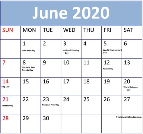 June 2020 Calendar With Us Federal Holidays National Holiday Calendar