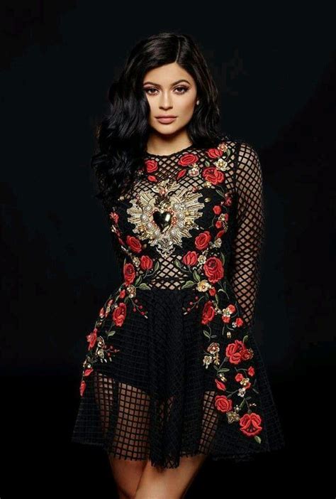 Designer Inspired Runway Kylie Jenner Red Embroidered Mesh Dress