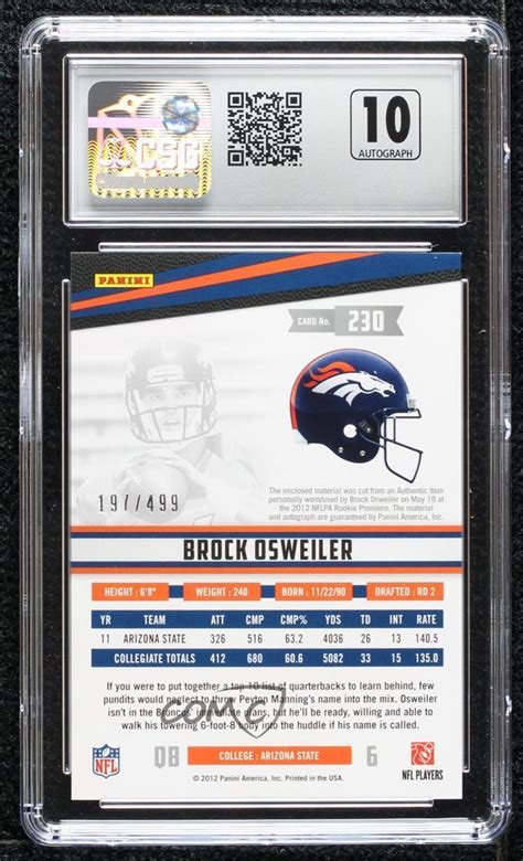 2012 Panini Rookies And Stars 197499 Brock Osweiler Csg 95 Rookie Patch Auto Rc Ebay