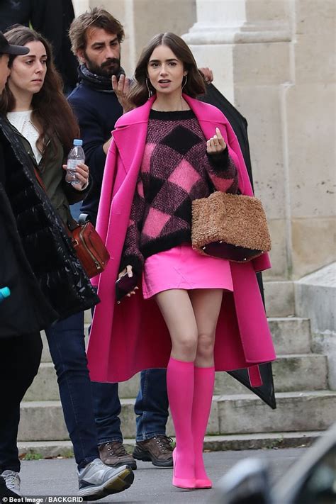 Lily Collins Displays Her Endless Legs In Chic Fuchsia Mini As She Shoots Emily In Paris Daily