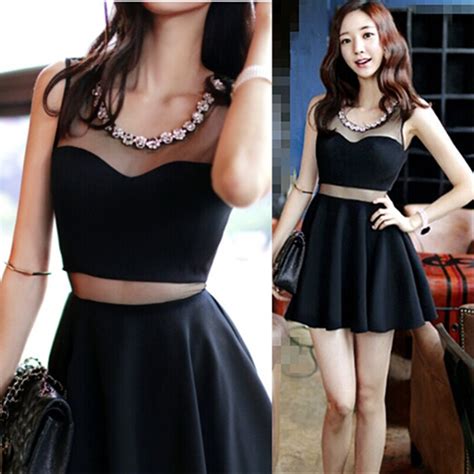 Perspective Korean Fashion Dresses 2015 Women Sexy Slim Waist Summer A Line Dress Diamond Mesh