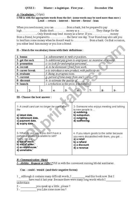 Business English Esl Efl Esol Worksheets From Handouts Vocabulary