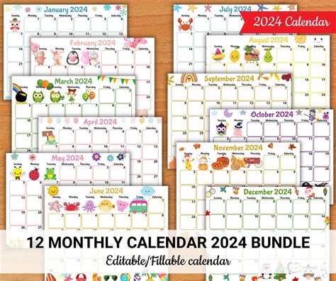 Editable 2024 Calendars Cute Monthly Calendar For Kids Etsy Kids