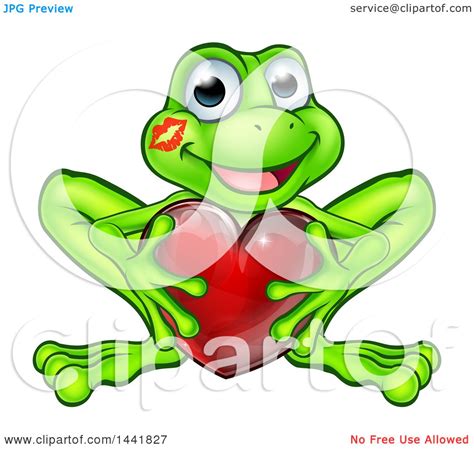 Clipart Of A Cartoon Happy Smiling Green Frog With A Liptstick Kiss On