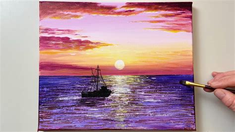 Ocean Sunset Painting Acrylic Painting For Beginners Step By Step
