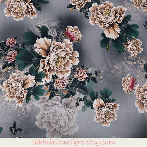 Floral Print Gray 100 Stretch Silk Satin Fabric By The Yard Etsy