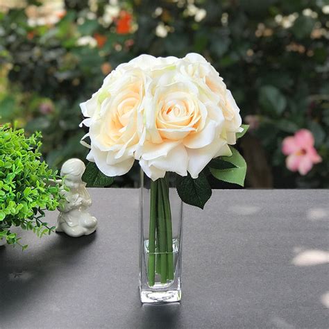 Enova Home Artificial Open Rose Silk Flowers In Clear Glass Vase With