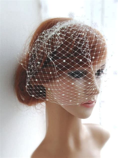 Bridal Birdcage Veil With Pearls Wedding Pearl Blusher Veil Etsy