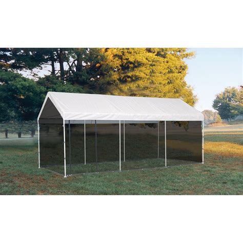 A spacious camping tent with two vestibules, almost vertical walls, and marvelous air ventilation. ShelterLogic MaxAP Outdoor Canopy Tent with Screen House ...