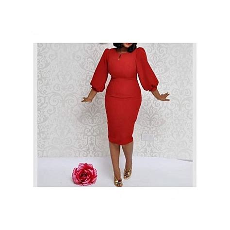 Buy Fashion Puffy Sleeve Midi Dress Red Best Price