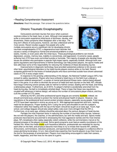 Chronic Traumatic Encephalopathy Free Sample READTHEORY Passage And Questions Copyright