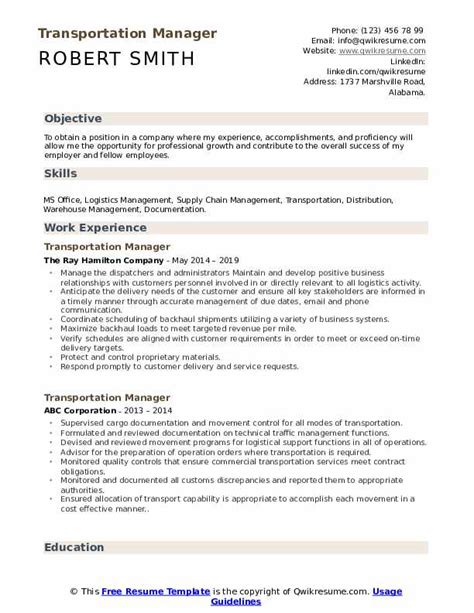 Transportation Manager Resume Samples Qwikresume