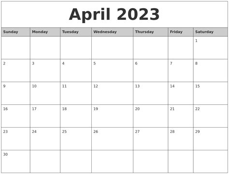 April 2023 Monthly Calendar Printable
