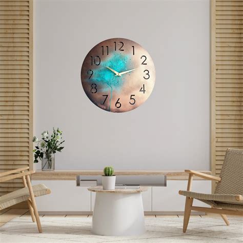 Large Copper Wall Clock Hand Painted Wall Clock Unique Teal Etsy