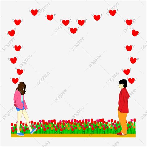 Two People Are Standing In Front Of Flowers With Hearts Above Them And