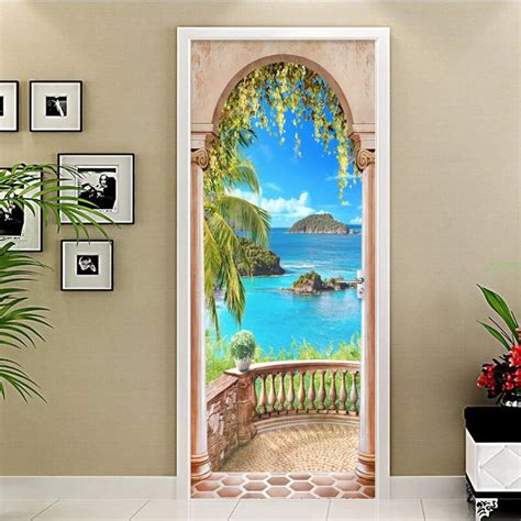 Home Decor Door Sticker 3d Seaside Photo Mural Wallpaper Living Room