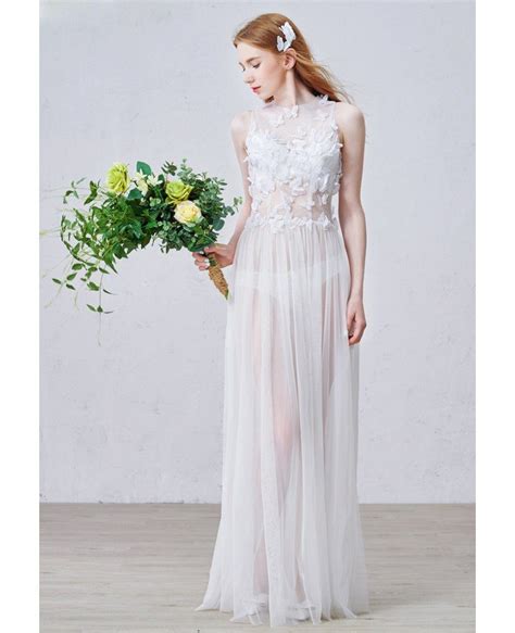 Graceful A Line Scoop Neck Floor Length Tulle Wedding Dress With