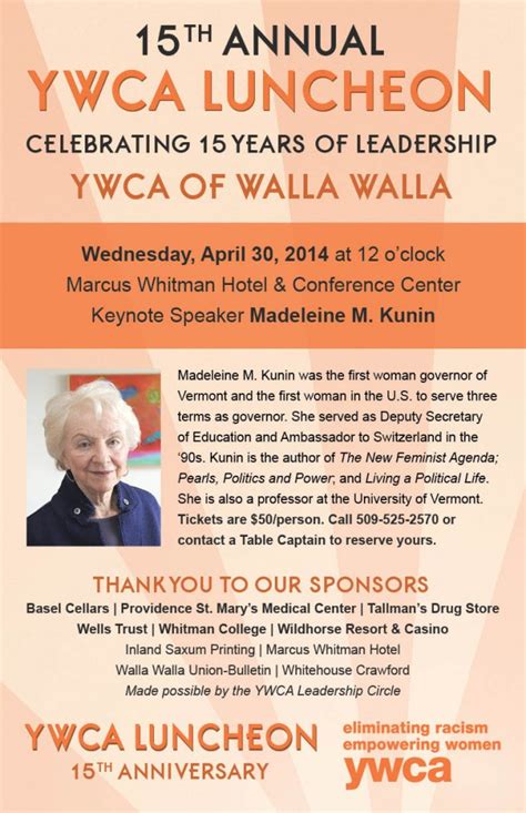 Madeleine Kunin To Speak At 15th Ywca Luncheon Ywca