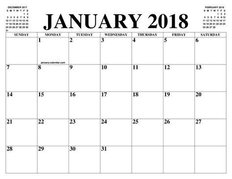 January 2018 Calendar Of The Month Free Printable January Calendar Of