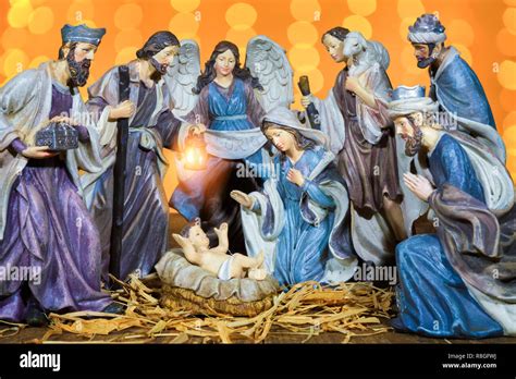 Christmas Manger Scene With Figurines Including Jesus Mary Joseph And Sheep Focus On Mother