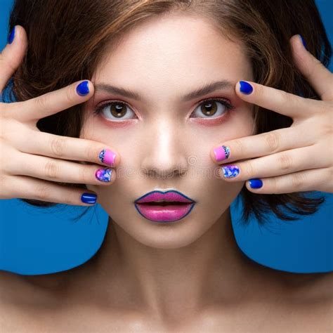 Beautiful Model Girl With Bright Makeup And Colored Nail Polish Beauty Face Stock Image Image