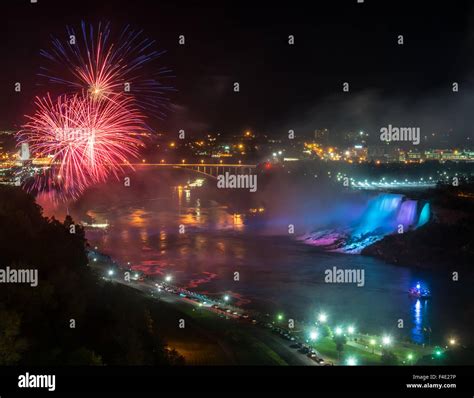 Aerial View Of Fireworks Over Niagara Falls Ontario Canada Stock