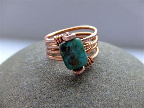 African Turquoise Jasper And Copper Wire Wrap Ring Wire Jewelry Rings