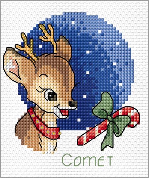 a cross stitch christmas card with a reindeer holding a candy cane