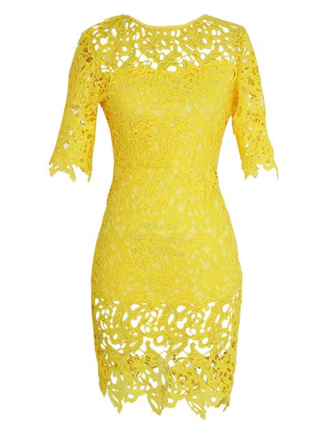 Yellow Cutwork Lace Short Sleeve Bodycon Dress Yellow