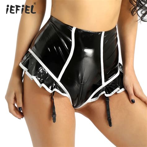 iefiel women sissy panties wet look latex shorts clubwear lingerie faux leather zipper open