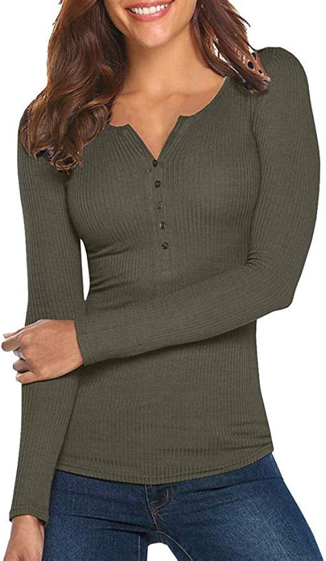 Womens Henley Shirts Long Sleeve V Neck Ribbed Button Knit Sweater