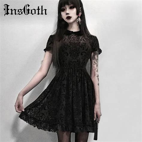 Insgoth Vintage Lace Gothic Dress Women Party Sexy Hollow Out Black Mini Short Sleeve Dresses