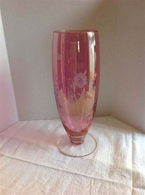Pink Etched Glass Vase Pink Glass Vase Glass Etching Glass Vase