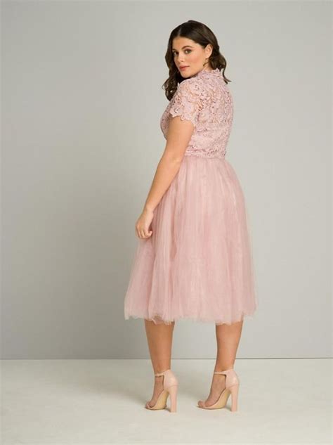 Tea Length Plus Size Prom Dresses High Neck Pink Lace Appliqued