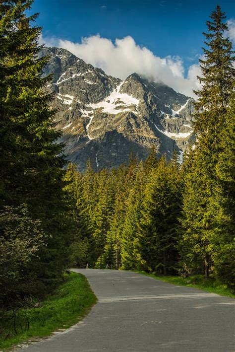 Asphalt Road In Valley With Highest Mountains In Background Stock Image