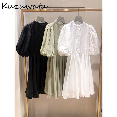 Kuzuwata Japanese Sweet Women Robe 2022 Summer New Dresses Half High Collar Puff Sleeve Single
