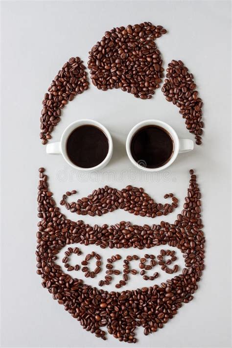 Bearded Hipster Man Made Of Coffee Beans With Glasses Made Of Cups Of