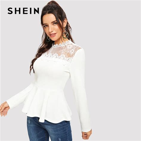Shein White Stand Collar Long Sleeve Lace Mesh Insert Peplum Top