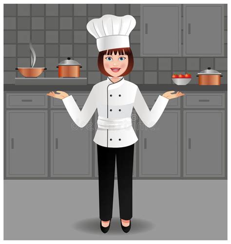 Young Woman Chef In Her Kitchen Young Confident Woman Chef In Her Kitchen In Her White Uniform