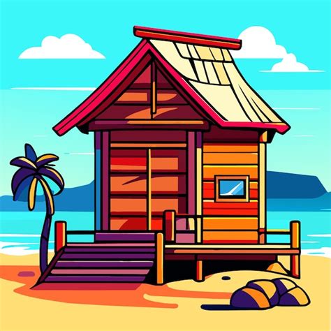 Premium Vector Wooden House On The Beach Vector Illustration