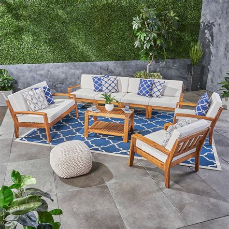 Wilcox Outdoor 8 Piece Acacia Wood Sectional Sofa Set With Cushions