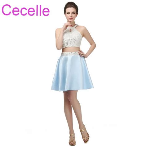 Sky Blue Two Pieces Short Cocktail Dresses 2019 Pearls Top Open Back