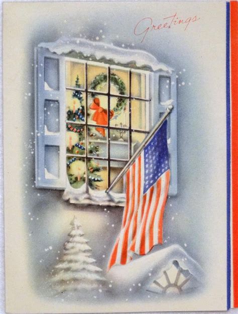 1066 40s Wwii Patriotic American Flag In Window Vintage Christmas Greeting Ca Vintage
